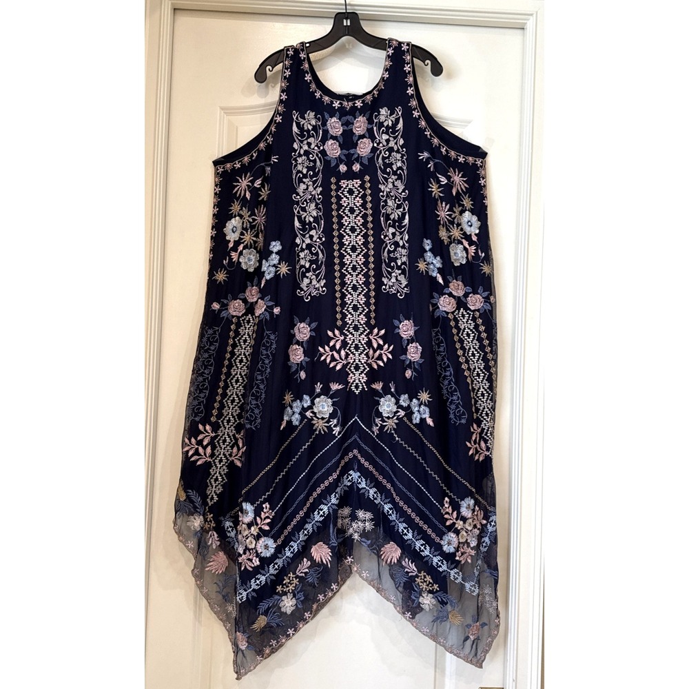 Tolani‎ Collection Blue Floral Embroidered Lined Maxi Dress Sleeveless Sz 2XL